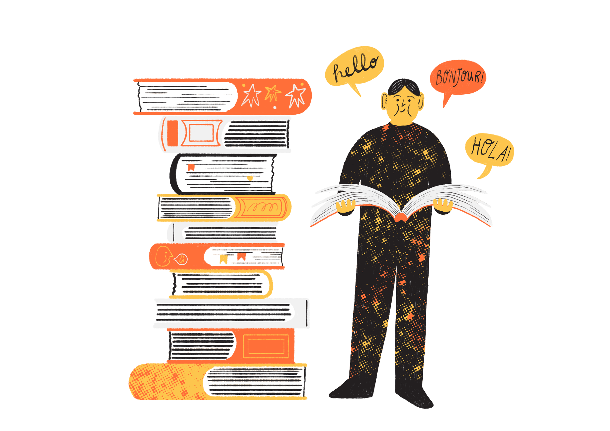Illustrazione di una persona che legge un libro accanto a una pila di libri, con fumetti "hello", "bonjour" e "hola"