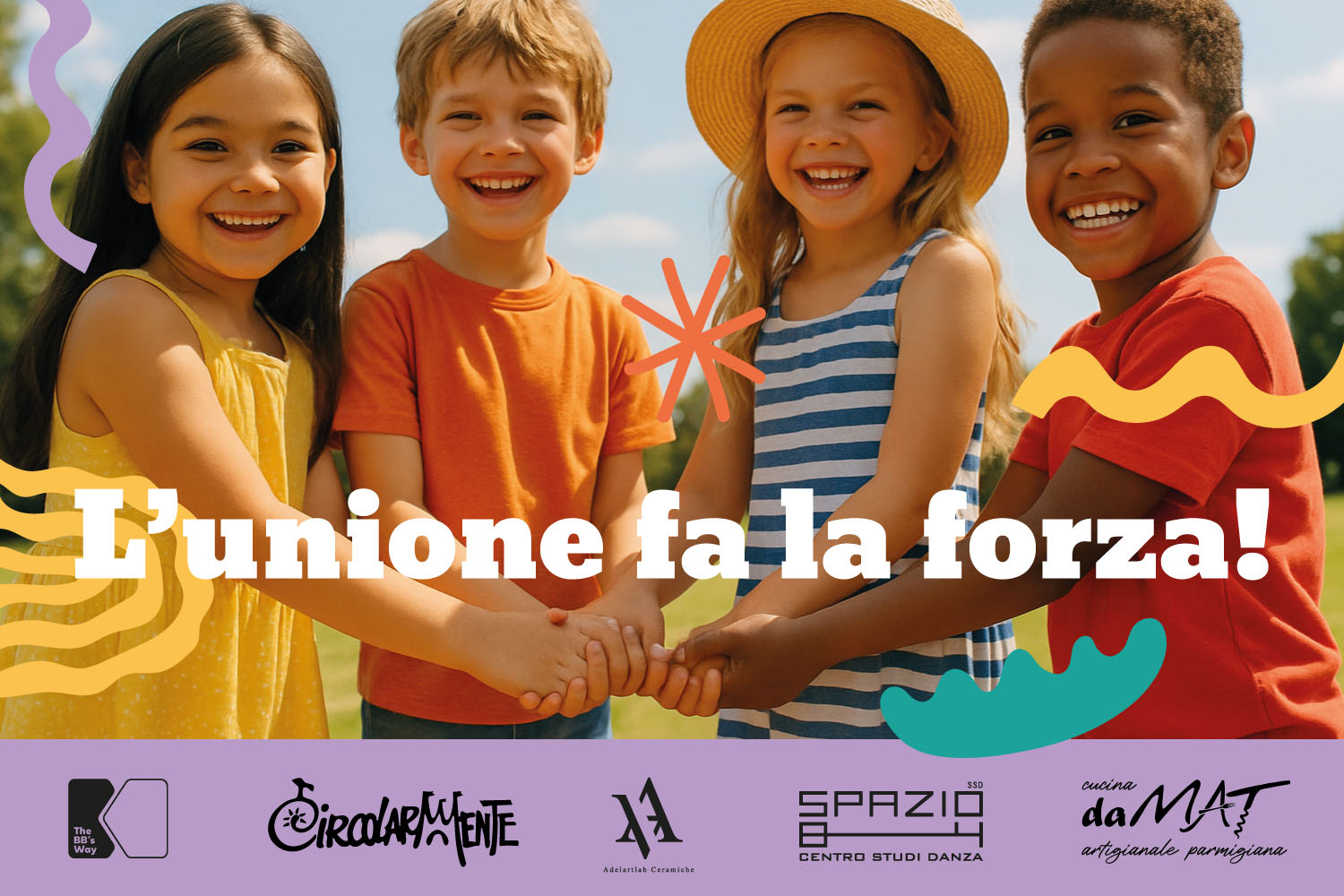 Bambini sorridenti con le mani unite e la scritta "L'unione fa la forza!", con i loghi dei partner del camp