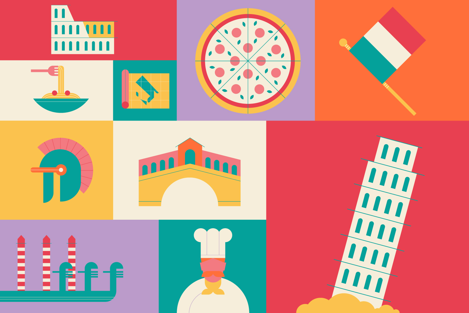 Illustrazione con simboli italiani: Colosseo, pizza, bandiera, Torre di Pisa, ponte di Rialto e gondole