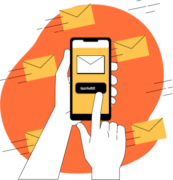 Mano che tocca il pulsante "Iscriviti!" su uno smartphone circondato da buste email